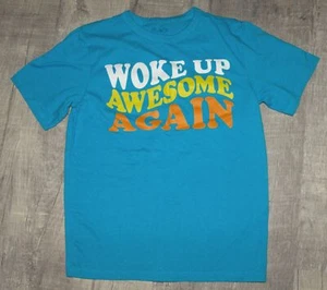 CHILDRENS PLACE Kids SHORT SLEEVE Top BLUE Shirt WOKE UP AWESOME AGAIN.M 7/8 - Picture 1 of 2