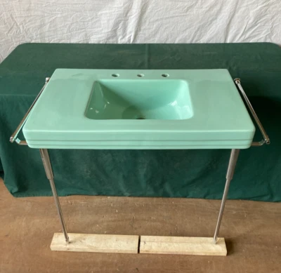 VTg 36x22 Jadeite Ming Green Console Sink Chrome legs Towel Bars 140-25E - Image 1 of 4