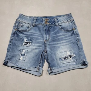 Mudd Denim Jean Shorts Youth Girls 14 Blue Cuffed Distressed Adjadtsble Waist - Picture 1 of 10