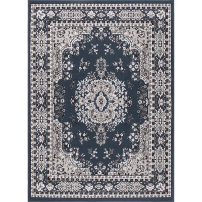Tapete de área Home Dynamix Lyndhurst Premium tradicional com borda azul medalhão - Imagem 1 de 4