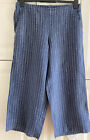 Eileen Fisher Denim Blue Linen Striped Ankle Length Wide Leg Trousers Sz S 12-14