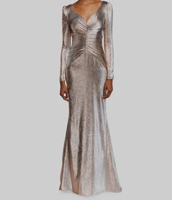 Vestido de sirena metálico fruncido manga larga rosa Theia para mujer talla 14 $995 Foto 1 de 4