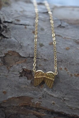 16" (18" w extender) Golden GUARDIAN ANGEL Striped Wings Necklace, spiritual - Image 1 of 4