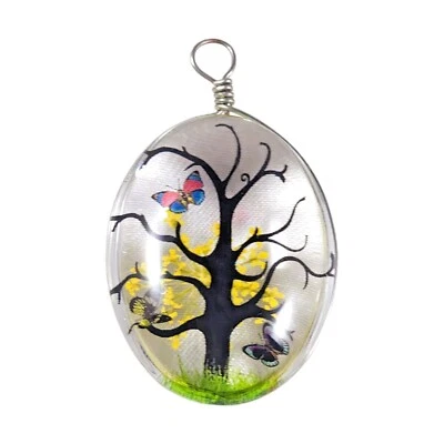 Hermoso Collar Árbol de la Vida Dije Colgante Mariposa Vidrio Prensado Flor Foto 1 de 2