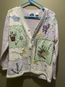Vintage Storybook Knits Garden Flowers Strick Cardigan Pullover Gr. Medium Lila - Bild 1 von 9