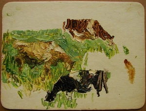 Ukrainische Sowjet UdSSR Ölgemälde Impressionismus Kuh Tiere Feld Skizze - Bild 1 von 6