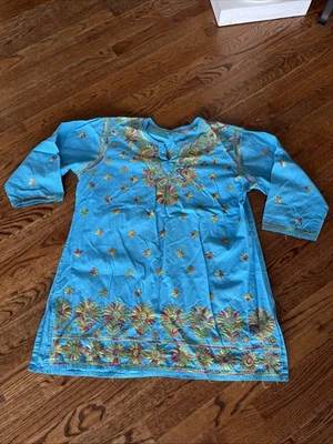 Mexican Women’s Vtg Peasant Boho Embroidered Blouse Top Turquoise Blue Sz Large? - Image 1 of 4