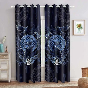 Cortinas de cuervo vikingo hacha nórdica símbolos místicos runas arte apagón ventana cortina... - Imagen 1 de 9