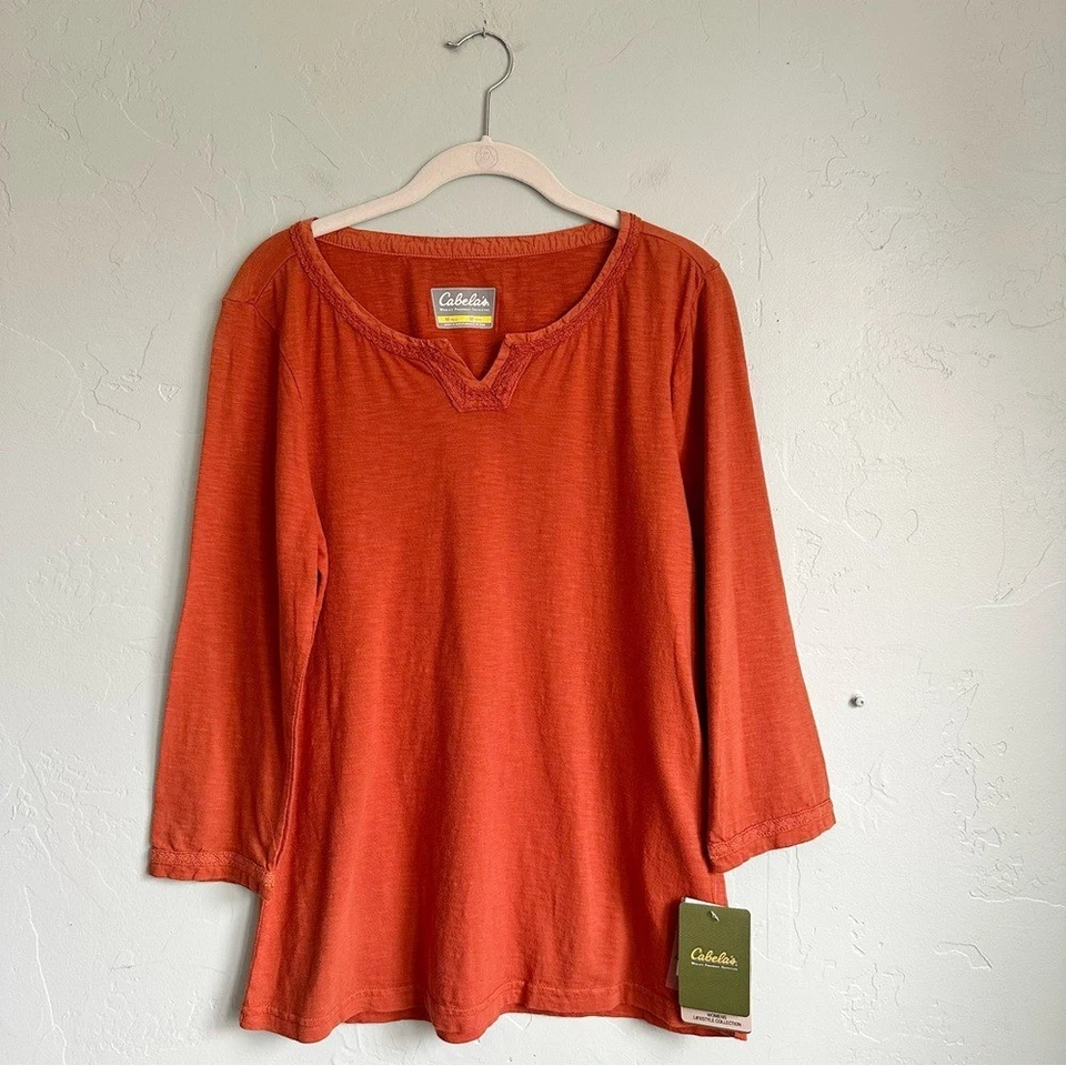 Camiseta para mujer Cabela otoño naranja óxido especias bordada manga 3/4 talla 8 nueva con etiquetas Foto 1 de 4