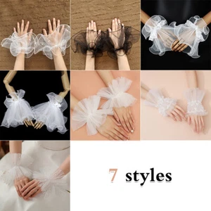 Bride White Ruffle Lace Fingerless Gloves Wedding Wrist Cuffs Lolita Bracelet - Picture 1 of 30