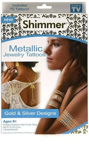 Tatuajes de joyería metálica brillante diseños de oro y plata edades 8+ incluye 70 tatuajes - Imagen 1 de 1