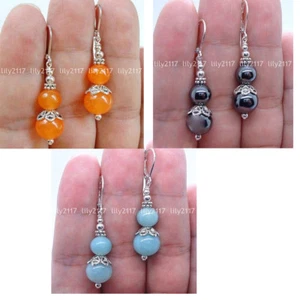 3Colors 6-10mm Topaz Shell Pearl Gemstone Round beads Silver Hook Dangle Earring - Picture 1 of 7