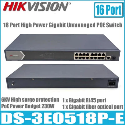 New Hikvision DS-3E0518P-E 16 Port Gigabit Unmanaged POE Switch 10/100/1000 Mbps - Image 1 of 4