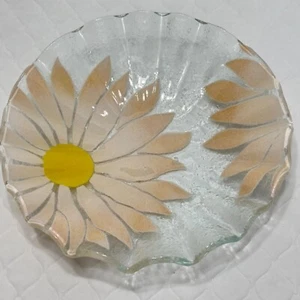 Vintage Sydenstricker White Pink Daisy Fused Glass Bowl Plate Spring Ruffle Rim - Picture 1 of 8