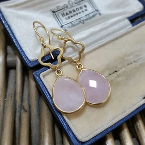 Orecchini pendenti argento 925 pietre preziose quarzo rosa naturale disegno quadrifoglio portafortuna - Foto 1 di 6