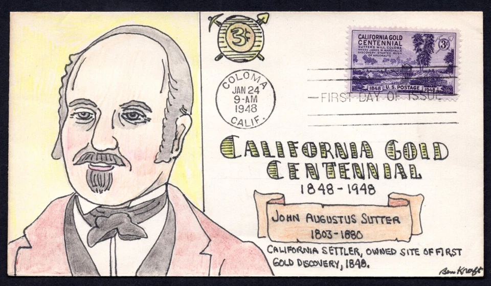 US 1948 SC. #954 HAND DRAWN FDC CALIFORNIA GOLD CENTENNIAL BY BEN KRAFT RARE - Image 1 of 2