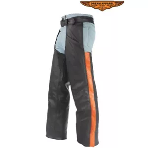 NEW Womens PREMIUM LEATHER BLACK ORANGE STRIPE MOTORCYCLE CHAPS XL,2XL,CLOSEOUT - Imagen 1 de 6