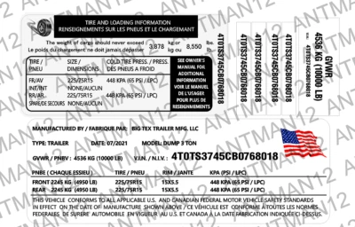 CUSTOM VIN# Trailer Data Decal Sticker ID Label Tire Loading Information USA 3M - Image 1 of 2