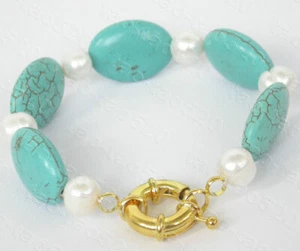 natürliches Armband wählbar geknotet weiß rund FW Perlen blau türkis um 2076t - Bild 1 von 3