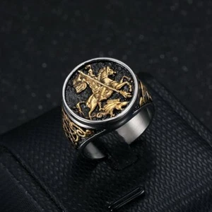 St. Sanctus Georgius Knight Ring Stainless Steel Plated Gold for Men Size 7-13 - Picture 1 of 7