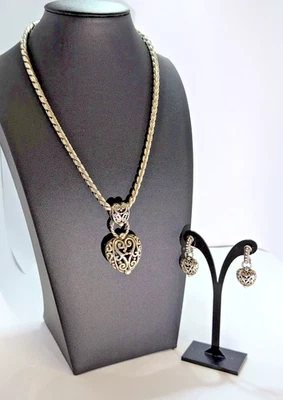 Brighton BIBI Silver Scrolled Puffy Heart Pendant Thick Chain Necklace Earrings  - Image 1 of 4