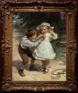 Antigua pintura al óleo hecha a mano de arte maestro mujer niña niño sobre lienzo 24"x36" - Imagen 1 de 2