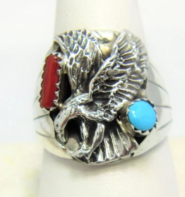 纳瓦霍鹰戒指 尺寸 10 1/2 纯银绿松石珊瑚格蕾丝史密斯 #29 — 第 1/4 张图片