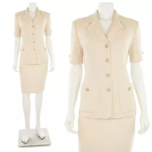 St. John 2Pc Glitter Knit Short Sleeve Jacket & Skirt Suit in Cream/Blush sz 2 - Picture 1 of 17