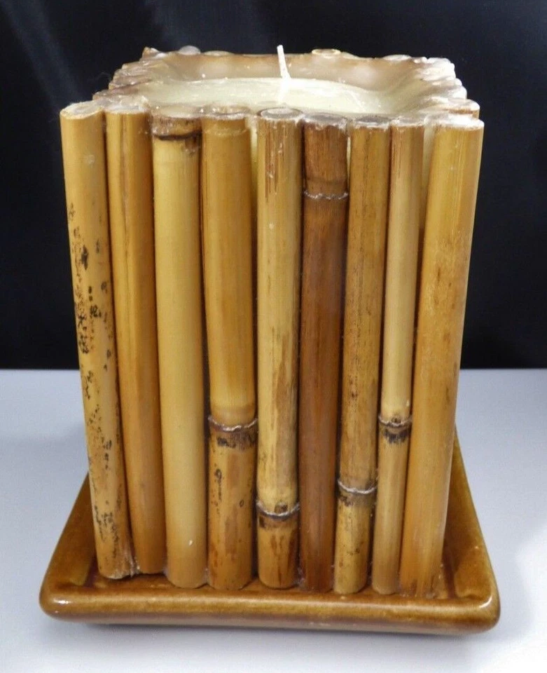Bamboo Pillar Candle Wrapped Made In Mexico Ceramic Square Holder 6.5" Tall - Image 1 of 4