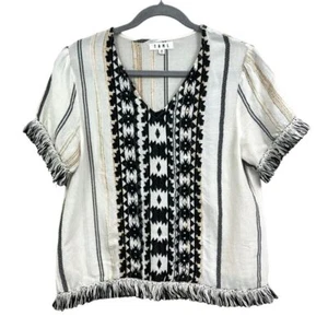 THML Womens Tunic Top Boho Embroidered Fringe with Aztec Pattern Cream Black XS - Picture 1 of 6