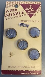 Le Chic Lot 4 VINTAGE On Card Blue Gold Glass BUTTONS W Germany Shell Shape