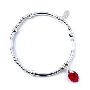 Sterling Silver Noodle Ball Bead Bracelet with Red Sian Swarovski Crystal Heart - Picture 1 of 5