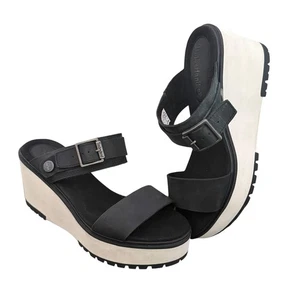 Timberland Koralyn 2 Band Wedge Sandal Womens 9 Black Leather Lug Soles - Picture 1 of 10