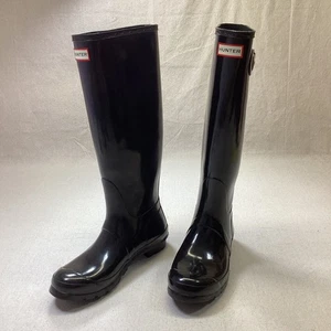 Hunter Boots Women's 8 Original Tall Gloss Pull On Rain Boot - Black - Picture 1 of 15
