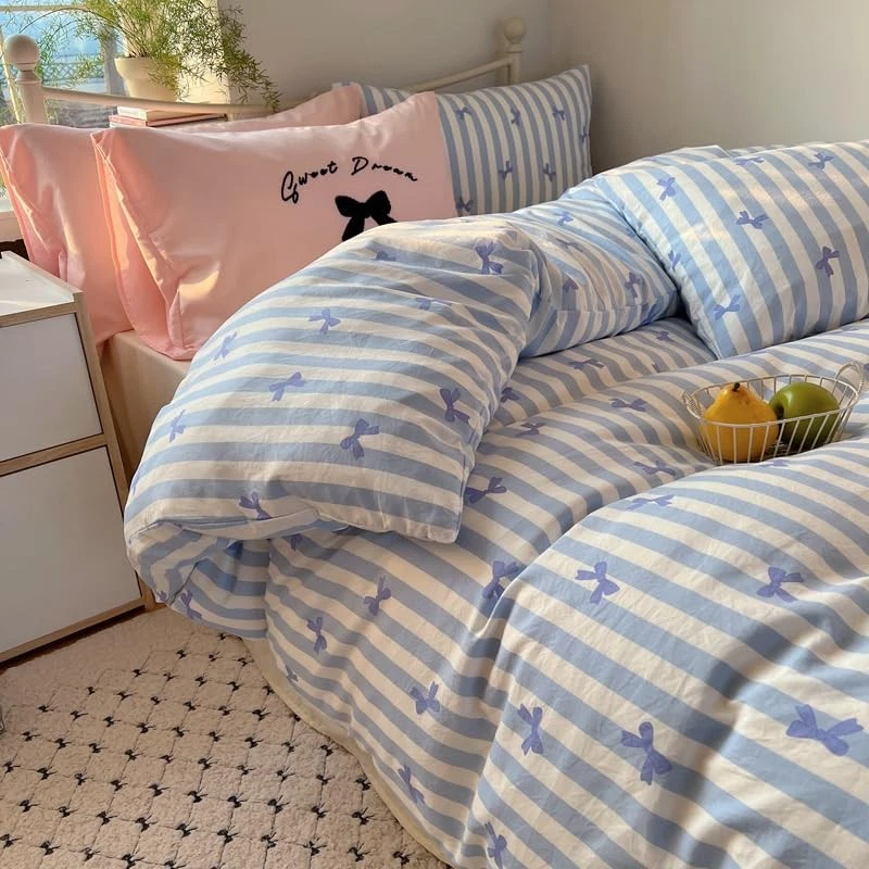Бант пододеяльник полный размер синий в полоску банта комплект постельного белья 3 изделия Kawaii Ge... - Изображение 1 из 1