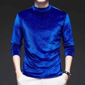 Men Velvet T-shirts Top Shirs Blouse Plush Tulte Neck Shiny Retro Rhinestone - Picture 1 of 11