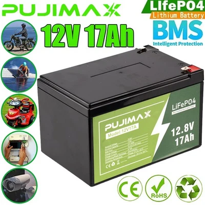 PUJIMAX 17Ah 12V Rechargeable LiFePO4 Lithium Battery Built-in BMS 4000+ Deep Cycles