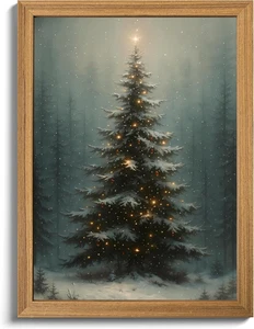 Arte de pared de árbol de Navidad vintage, póster de árbol de Navidad decoración de pared, escena nevada H - Imagen 1 de 12