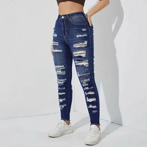 Women's Comfortable Ripped Frayed Stretch Denim Skinny Pants - Picture 1 of 4