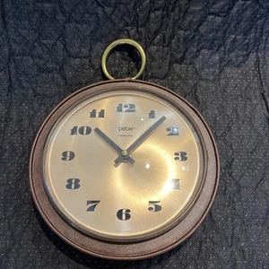 Vintage Leder Wanduhr / Peter Transistor / 60er Germany ~ 20 cm Durchmesser - Bild 1 von 10