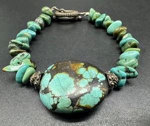 Sterling Silver Natural Turquoise Bead 8.5" Bracelet - Picture 1 of 9
