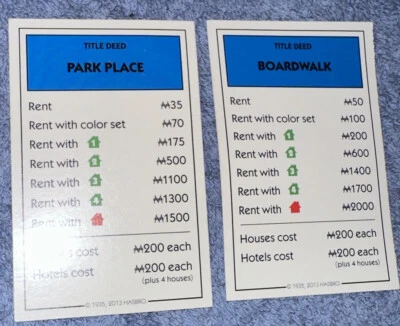 2013 Hasbro Monopoly Replacement Piece 2 Blue Property Cards - Image 1 of 4