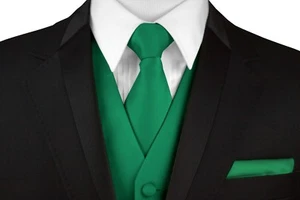 Men's Green Satin Formal Tuxedo Vest, Tie & Hankie Set. Wedding Prom Homecoming - Picture 1 of 4