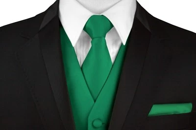 Men's Green Satin Formal Tuxedo Vest, Tie & Hankie Set. Wedding Prom Homecoming - Image 1 of 4