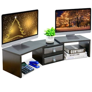 Dual Monitor Stand Riser with 2 Drawers Adjustable Monitor Stand Organizer Black - Afbeelding 1 van 8