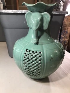 Korean Vase 16” Tall, Elephants With Crazing and Chip, Still Looks Great, Green - Picture 1 of 11