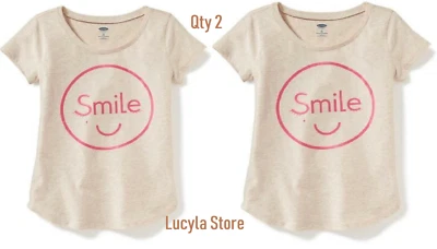 Qty 2 OLD NAVY Graphic Crew Neck SMILE Tee for Girls M 8 Regular Heather Oatmeal - Image 1 of 4