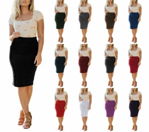 High Waist Stretchy Bodycon Cotton Fitted Midi Knee Length Office Pencil Skirt - Picture 1 of 83