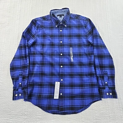 全新 Tommy Hilfiger 中重法兰绒衬衫 男式 L 蓝色格子 全新带标签 纽扣 — 第 1/4 张图片