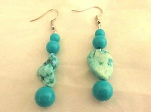 2.5" Drop Dangle Earrings Acrylic Faux Turquoise & Beads Silver Tone Wires - Picture 1 of 3